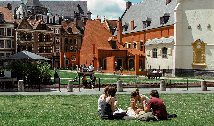Étudiants assis dans l'herbe dehors